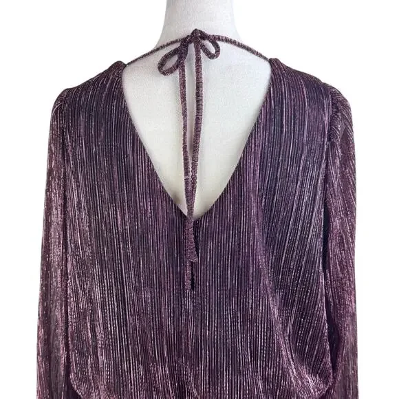 Joie Black & Pink Metallic Textured Ribbed Smocked Waist Long Sleeve Blouse - Picture 6 of 11